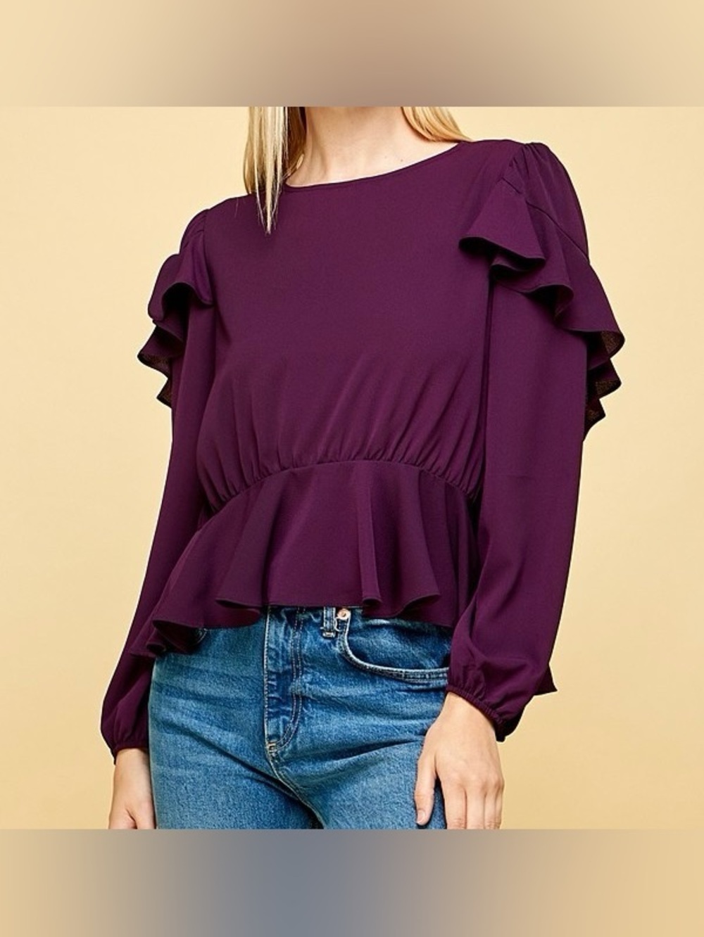 Eggplant Ruffle Detail Peplum Blouse - Picture 2 of 5